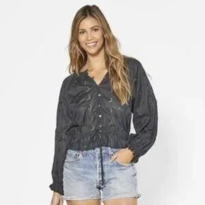 Outerknown Poet Blouse Top Eyelet Organic Cotton Casual Peplum Black Size Large